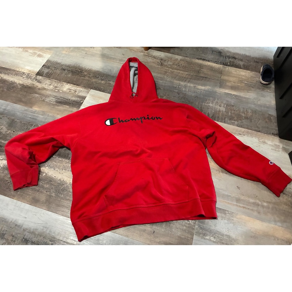 Champion Red Script Logo Hoodie Mens 2XL Fleece Pullover Sweatshirt